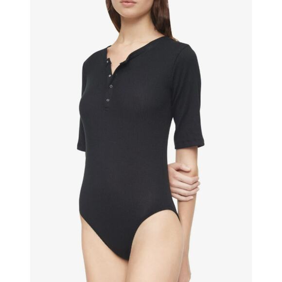 Calvin Klein Black Ribbed Henley Bodysuit Size Small Cozy Layering Top Sleepwear - Picture 1 of 9